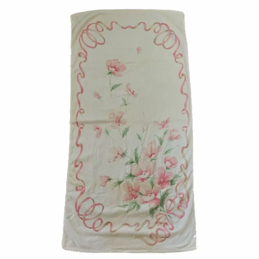 Vintage Floral Bath Towel Wash Cloth Sculpted Pink Green Cottage Core